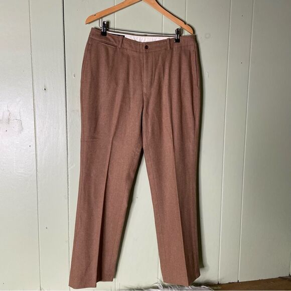VINTAGE Polo Ralph Lauren Dress Pant Men 34x31 Brown Wool Tweed Pleated Trousers - Picture 1 of 9
